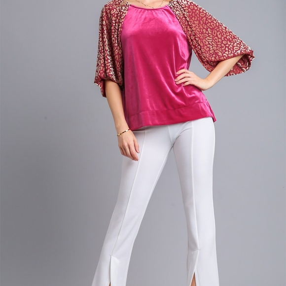 Umgee Leopard Velvet Sheer Balloon Half Sleeve Shirt Split Top High-Low Blouse - Picture 2 of 15